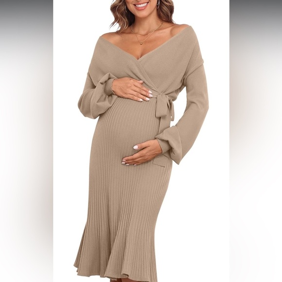 NWT VFORCITY Women’s Maternity Sweater Wrap Dress With Pleated Skirt, belt,vneck - Picture 1 of 5